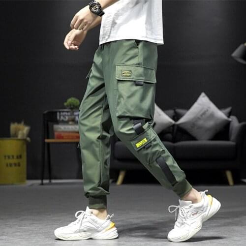 Mens Side Pockets Cargo Harem Pants 2021 Ribbons Black Hip Hop Casual Male Joggers Trousers Fashion Casual Streetwear Pants