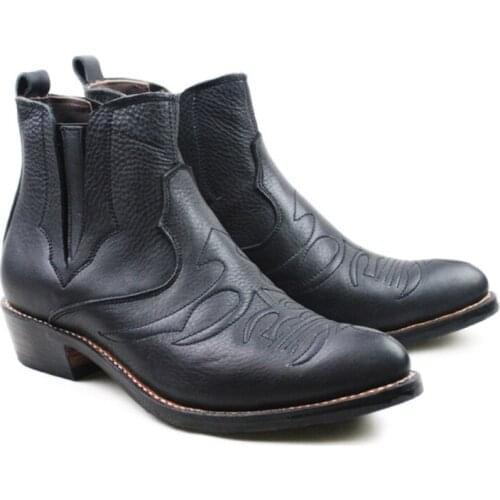 Mens Slip-On Cowhide Genuine Leather Work Boots 3.5cm Heels Western Cowboy Boots Black Botas Hombre Botas Militares, EU38-44