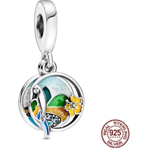 Genuine 925 Sterling Silver Brazilian beach parrot pendant Fit Original 3mm Bracelet&Bangle Making Fashion DIY Jewelry For Women