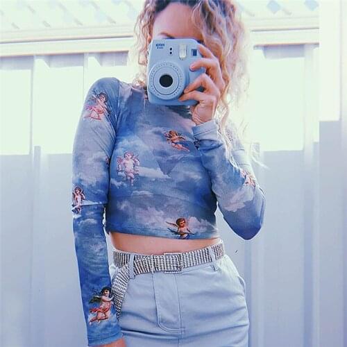 New Fashion Women See-through Sheer Mesh T-Shirt Female Turtleneck Transparent Long Sleeve Cute Angel Printed Summer Mesh Tops