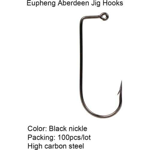 Eupheng 100pcs Aberdeen Jig Fishing Hooks High Carbon Steel Black Barbed 90 Degree Flat Eye Classical Popular
