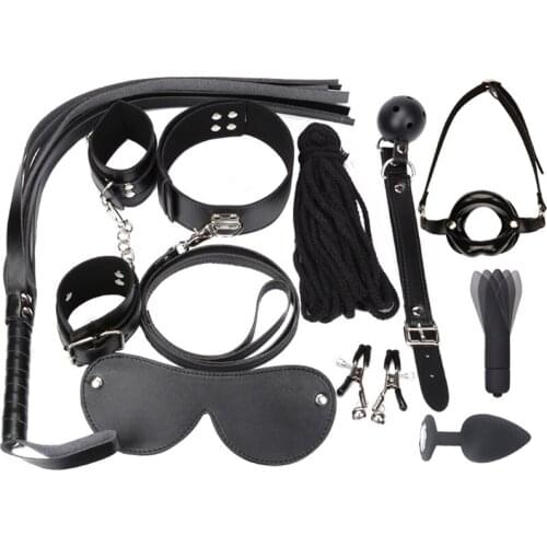 PU Leather Sex Fetish Bondage Restraints BDSM Kit Handcuffs Collar Mask Gag Whip Nipple Clamps Rope Vibrator Sex Toys for Couple