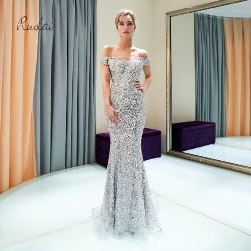 Vestidos de fiesta Silver Mermaid Luxury Evening Dress Long 2018 Sequin Off the Shoulder Arabic Evening Gowns Formal Party Dress