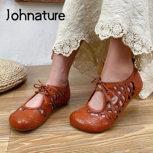 Johnature Shoes Women Sandals 2021 New Summer Genuine Leather Lace-Up Retro Flat With Hollow Concise Handmade Ladies Sandals