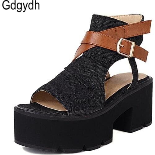 Gdgydh Open Toe Denim Platform Sandals Women Belt Buckle Strap Thick Heel Comfortable Summer Shoes With Zipper On Sale Plus Size