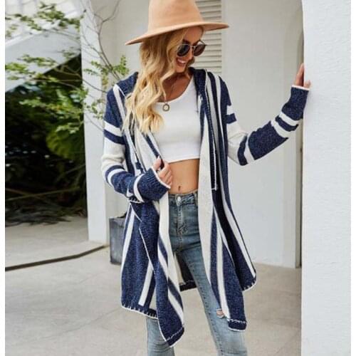 2021 Autumn Winter Striped Long Cardigan Women Knitted Cardigan Sweaters Ladies Hooded Sweaters for Women Knitwear