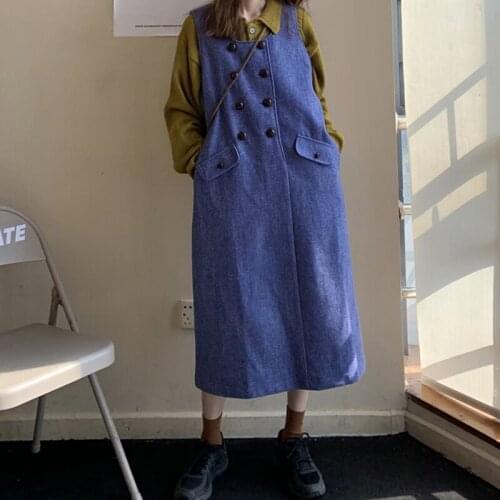 Thick Woolen Dress Loose Women Winter Vintage Double-breasted Buttons Dresses Female O-Neck Sleeveless Long Dresses Denim Blue