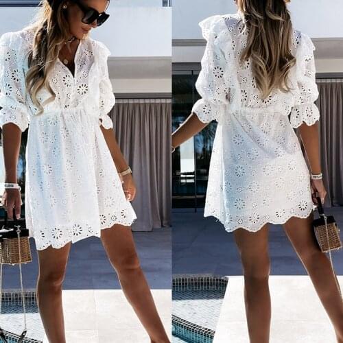 Summer Sexy V Neck Hollow Out Lace Women Party Dress Elegant Embroidery Flower Mini Dress Lady Short Sleeve Ruffle Beach Dresses