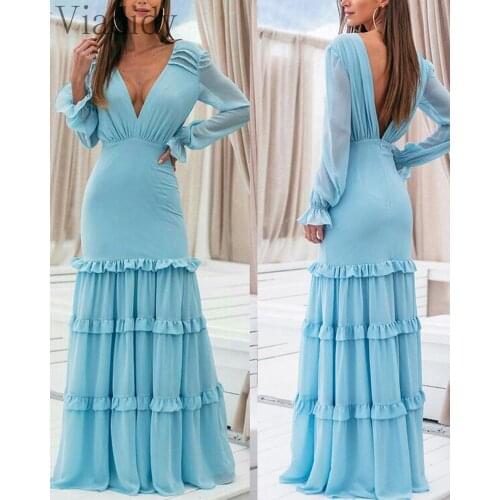 Deep V-Neck Solid Color Slim Chiffon Maxi Dress Women Long Sleeve Ruched Layered A-Line Dress