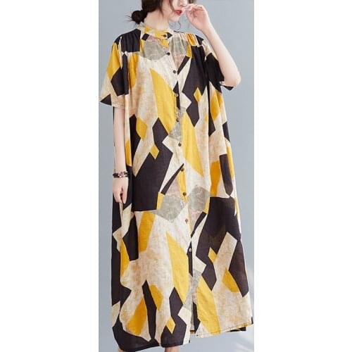 Summer Vintage Korea Plus Size Women Loose Maxi Shirt Dress 2021 Print Cotton Linen Midi Sundress Elegant Bodycon Party Vestidos