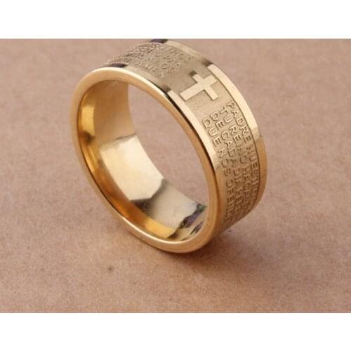 7mm Tone Spanish Golden The Holy Bible Prayer Cross Ring Stainless Steel Rings Wholesale