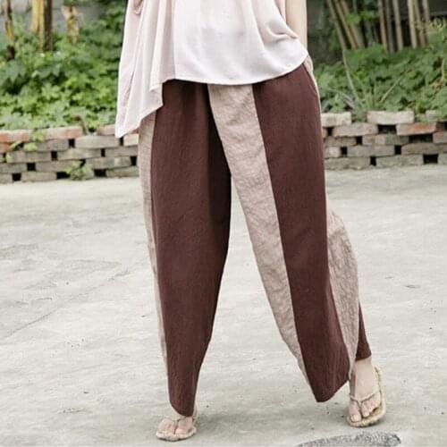 FairyNatural Ladies Retro Wide Leg Pants Patchwork Color Loose Women Elastic Waist Cotton Linen Trouser 2021 Spring Autumn