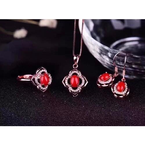 The color is beautiful, the style is novel.Natural Red coral suit, simple and fresh, 925 silver