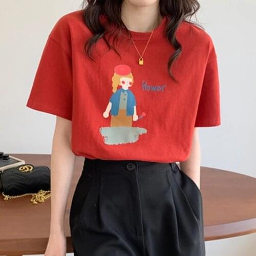 GGRIGHT Aesthetic Printed T Shirts Women 2021 New Soft Vintage Loose Tees Abstract Character Cotton Tshirts Summer Casual Tops
