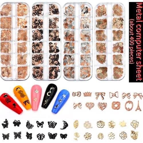 Hot A Box of Mixed Hollow Metal Computer Film K Gold Film Butterfly Maple Leaf Rose Ultrathin Nail Art Decoration Accessory Gift