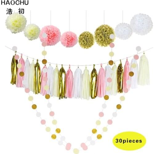 HAOCHU 30pcs Pink White Tissue Paper Pom Poms Flower Balls Glitter Paper Garland Bunting Home Holiday Party Decoration Xmas Gift