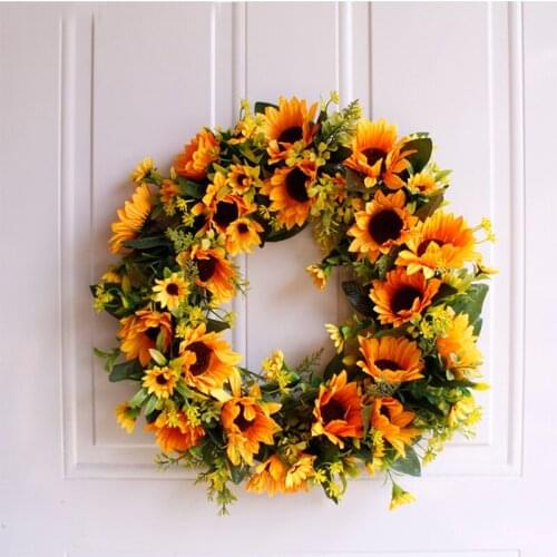 Artificial Sunflower Wreath Natural Rattan ring Silk flowers Garlands Wedding Wall Decoration Backdrop Home Door Fake Flowers