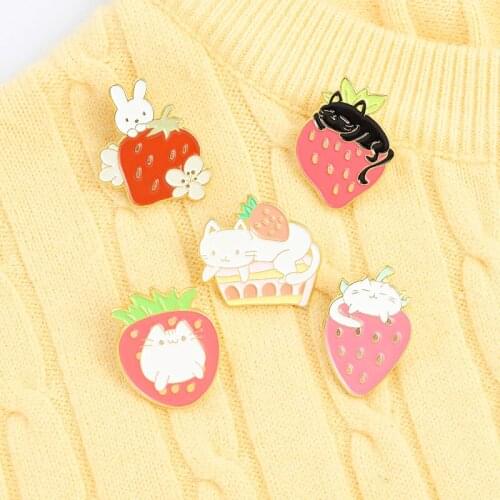 Strawberry Party Cat Enamel Pin Custom Sweet Cake Fruit Cute Rabbit Brooches Shirt Lapel Badge Bag Cartoon Jewelry Gifts For Kid