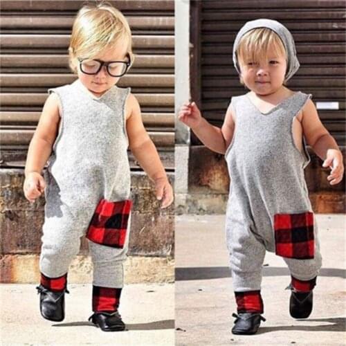 Baby Boys Sleeveless Jumpsuit Casual Kids Toddler Plaid Pocket Cotton Rompers Summer Infant 2pcs Clothes Suit