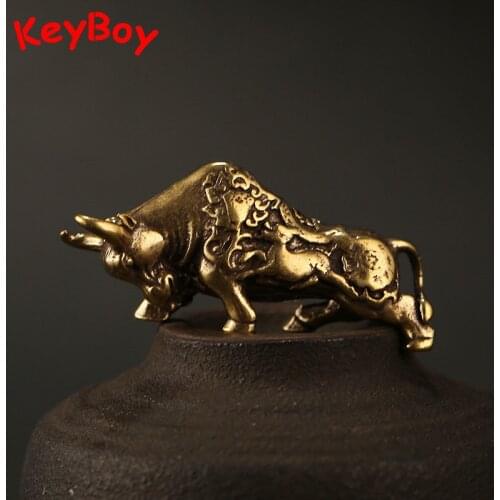 Brass Wall Street Bullfighting Key Ring Pendant Vintage Copper Lucky Bull Keychain Charm Chinese Feng Shui Hanging Jewelry Decor