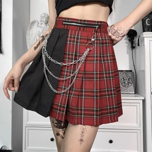 Summer Womens Mini Pleated Skirt High Waist Plaid Print Patchwork Gothic Style Skirt with Metal Chain For Girl