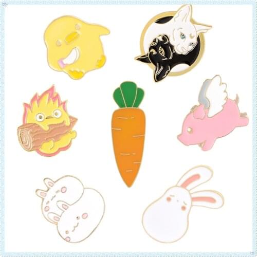 Cartoon animal little flame holding firewood Rabbit Carrot fun Black and White Sphinx rabbit enamel pins brooches jewelry gifts