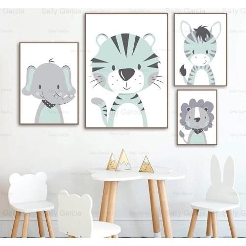 Cartoon Green Little Tiger Canvas Painting Zebra Elephant Poster Nordic Wallpaper for Baby Room Decoration Art Print Picture