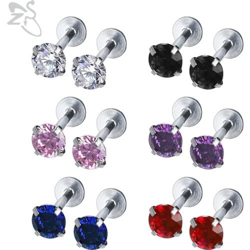 ZS 12pcs/lot 16G Crystal Set Zircon Labret Lip Rings Stainless Steel Labret Lip Piercing Round Orelha Cartilage Piercing Jewelry