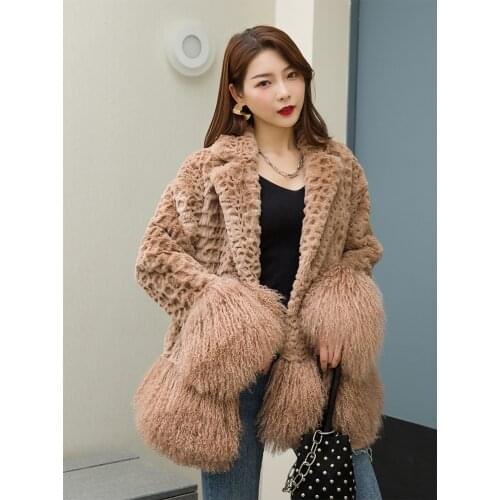 2020 New real natural genuine rabbit fur coat with lamb fur cuff and hem womens English collar fashion jacket warm winter