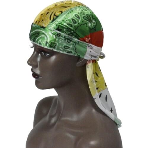 New arriving hot-selling silk elastic printing durag silk thick long tail pirate hat silky durag headband designer durags
