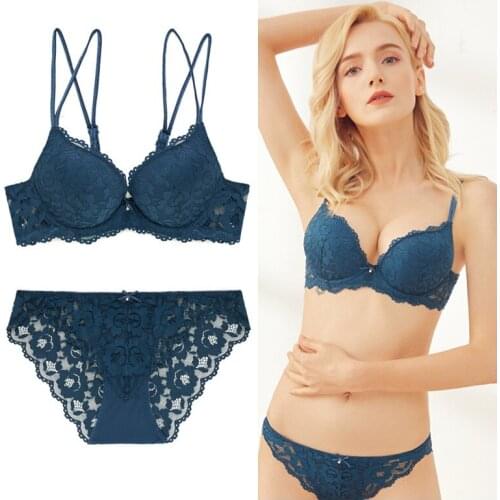 New Comfortable Sexy Lace Bow Bra And Panty Set Small Breasts Gather Upper Thin Under Thick Underwire Push Up Lingerie Set