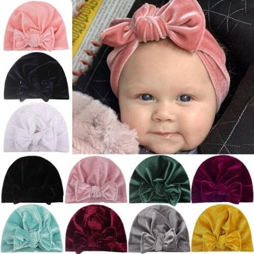 New Gold Velvet Turban Hat For Baby Kids Newborn Beanie Stylish Top Knot Ear Caps Headwear Birthday Gift Party Photo Props