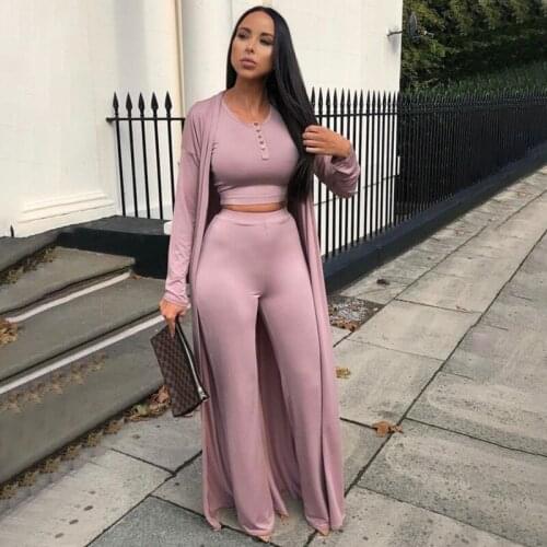 Solid Womens 3 Piece Set Autumn Winter Tracksuit Basic Slim Fit Crop Top+straight Long Trouser+extended Edition Cardigan Hot