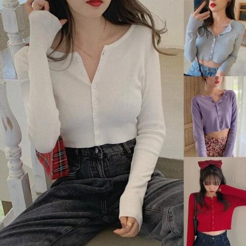 Autumn Womens Clothing Women Solid Color Long Sleeve Knitwear Blouse Top Buttons Slim Base Short T-shirts Women Fashion Clothes