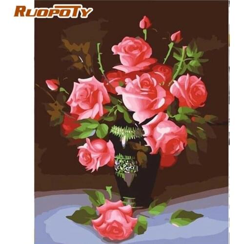 RUOPOTY Frameless Painting By Numbers Kits Seven Red Rose Flower Picture By Number Handpainted Diy Framed Artcrafts 60x75cm