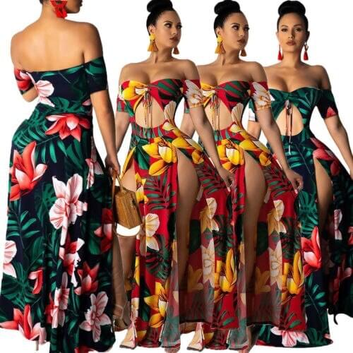 Sexy Womens Long Dress Maxi Dress Summer V Neck Flower Print Bohemian Sundress Off Shoulder Hollow Hole Beach Party Dress