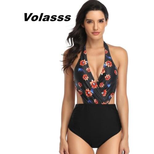 Sexy V-neck Print Swimsuit Women High Waist Swimwear Female One Piece Monokini New Hollow Out Bathing Suit Plus Size Bikinis Set