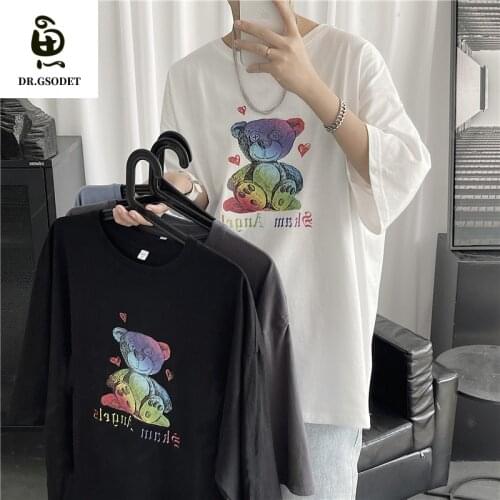 GSODET Summer T-Shirt Cotton Couple Ins Cartoon Color Bear Short-Sleeved Wild Loose O-Neck Mens and Womens oversize Tops