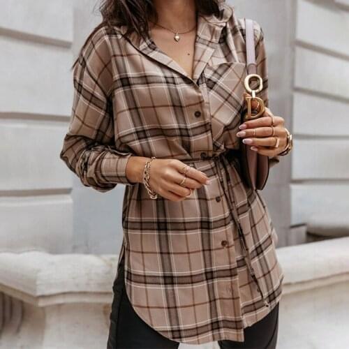 Plaid Turn Down Collar Long Sleeve Pocket Bandage Women Shirt Elegant Plus Size Office Tops Ladies Work Wear Tees