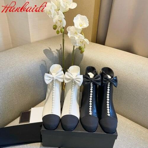 Autumn Winter New Pearls Butterfly-knot Short Boots Women Shoes Genuine Leather High Heels Designer Shoes Zipper Botas De Mujer