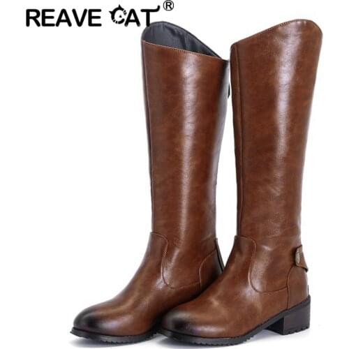 REAVE CAT Vintage Square Low Heel Wide Leg Knee High Boots Women Shoes Round Toe Western Style Zipper Big Size 34-48 S2363