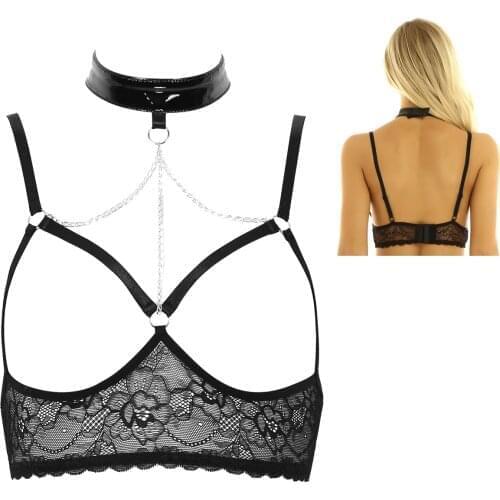 Sexy Women Bra Open Cups Bra Sheer Lace Lingerie Halter Neck Adjustable Spaghetti Shoulder Straps Open Cups Wire-free Bra Top