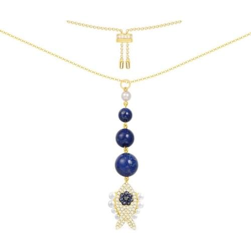 SLJELY Luxury 925 Sterling Silver Yellow Gold Color Lucky Eye Navy Blue Stones Fish Necklace Adjust Chain Women Fine Jewelry