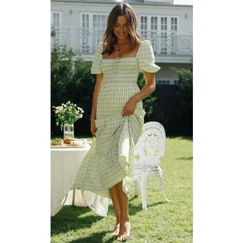 MosiMolly 2021 Green Plaid Dress Women Boho Beach Dresss Summer Midi Dress Female Vestidos Puff Sleeve Dress