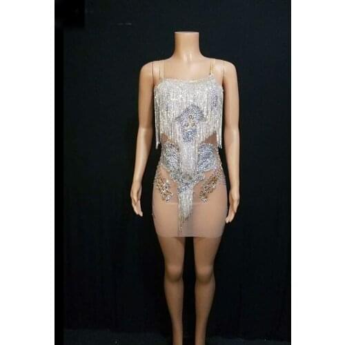 Women Rhinestones Fringes Dress Stage Wear Transparent elastic mesh Singer Evening Performance Tassel Evening dress short Dress