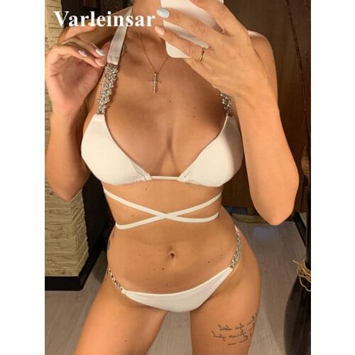 2021 Halter Bikini Women Swimwear Female Swimsuit Two-pieces Bikini set With Shiny Diamond Decor Bather Bathing Suit Swim V2386