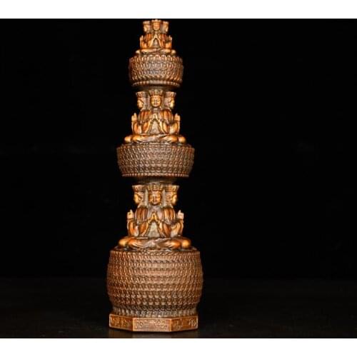8" China Lucky Seikos Boxwood Ksitigarbha stupa statue 3-story stupa wood carving Four-faced Jizo King Buddha Statue