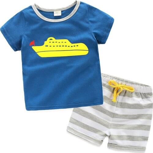 Childrens striped Shorts Sets boy cartoon shirt 2020 new two piece sets baby casual suit summer style kids clothes car bus ship