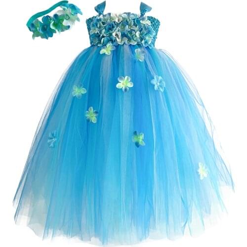 Fancy Fairy Costume for Kids Ankle Length Blue Hydrangea Flower Girls Dresses Children Birthday Party Clothes Wedding Carnival