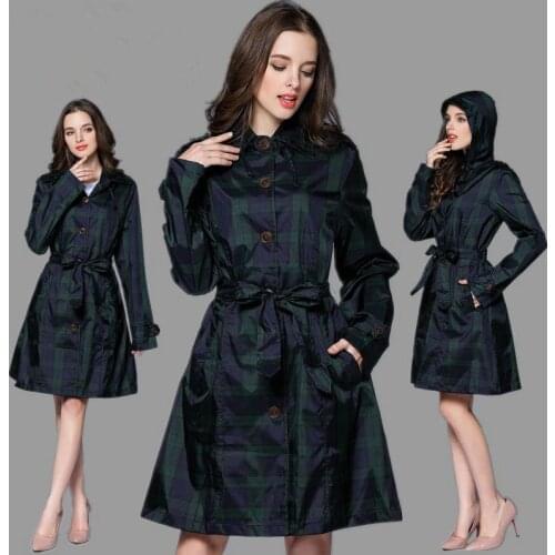 Long Green lattice Raincoat Women With Belt,Waterproof Rain Coat Ponchos Jackets Female Chubasqueros Impermeables Mujer